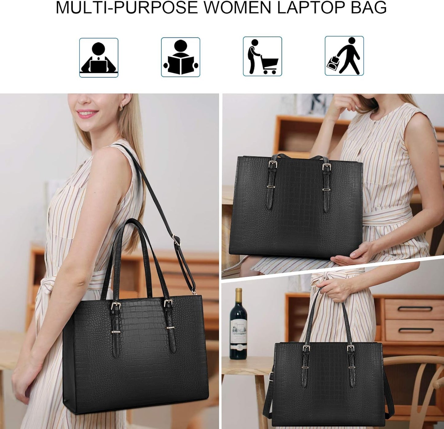 Laptop Bag for Women 15.6 inch Laptop Tote Bag Leather Classy Computer Briefcase for Work Waterproof Handbag Shoulder Bag Women Business Office Bag