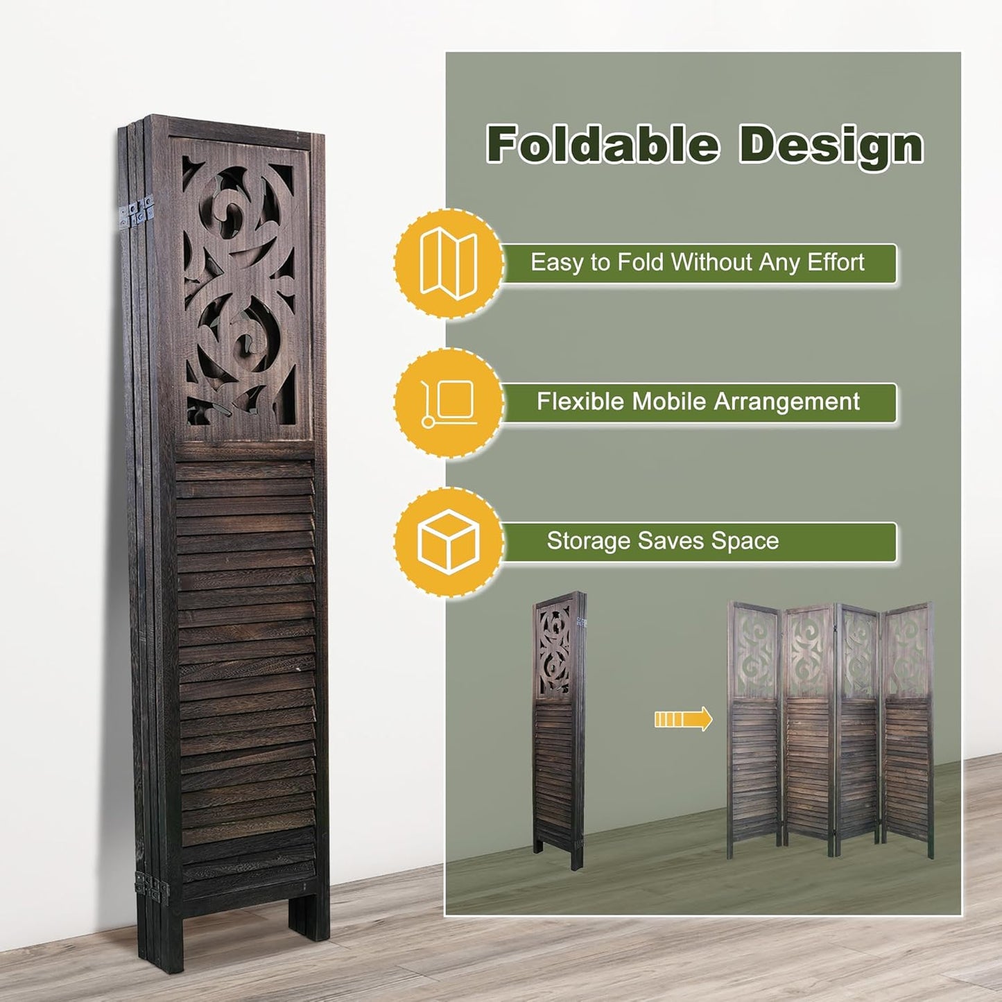 NicBex 4 Panel Room Divider,5.6FT Wood Carved Room Dividers,Folding Privacy Screens Portable Freestanding Partition Wall Dividers for Room Separation,Home Bedroom Office,Rustic Brown - Lumora Desk