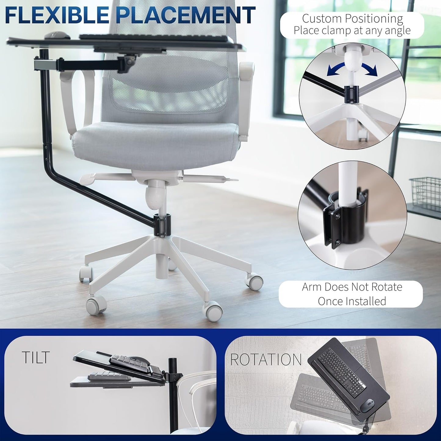 VIVO Office Chair Mounted 26 x 12 Inch Keyboard and Mouse Tray, Ergonomic Tilt, Full Motion 360 Degree Rotation, Black, MOUNT-KB08C