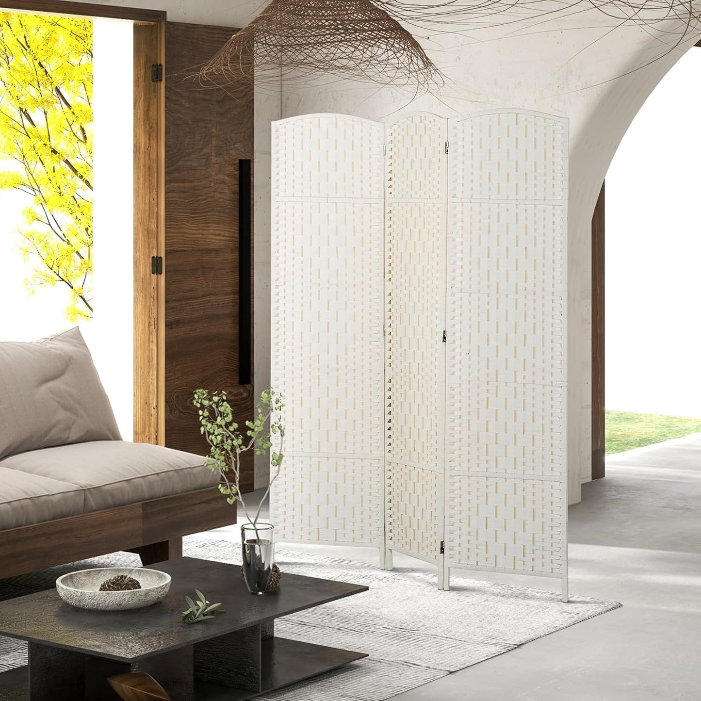 HOMCOM Room Divider, 3 Panel Folding Privacy Screen, 6FT Tall Portable Wicker Weave Partition Wall Divider for Bedroom, Home Office, White - Lumora Desk
