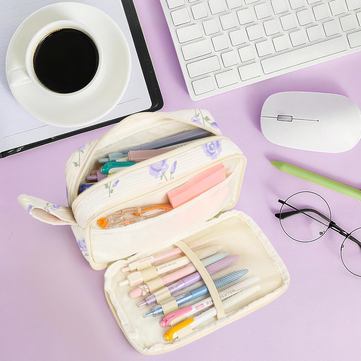 Large Pencil Pouch for Girls,Cute Corduroy Pencil Case Pouch Aesthetic Soft Pencil Bag for School, Zippered Pencil Organizer School Supplies for Teen Girls Women Gift (purple floral)