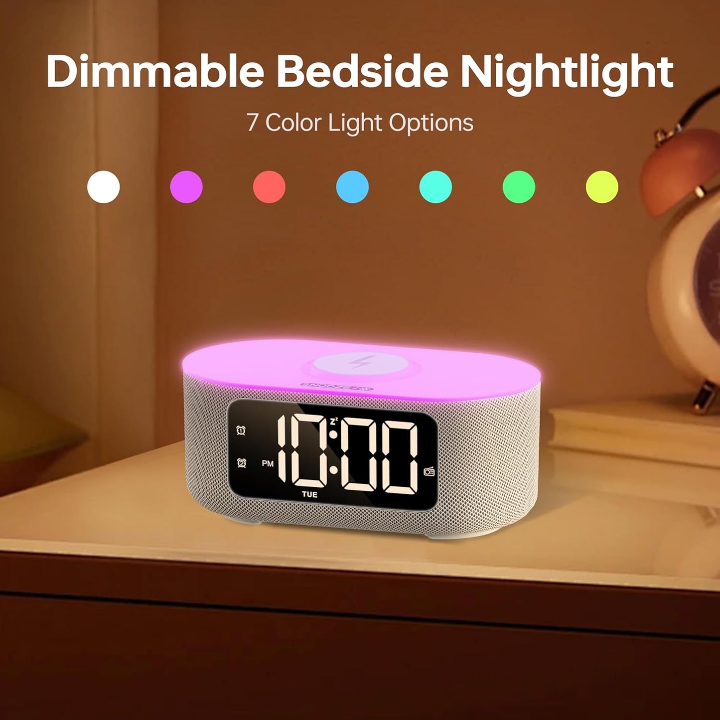 JALL Fabric Alarm Clock for Bedroom, with Big Led Screen Display, Bluetooth Stereo Sound Speaker, FM Radio, Fast Wireless Charging, USB Charging Port, Nightlight, White Noise, Ideal for Gift, Gray