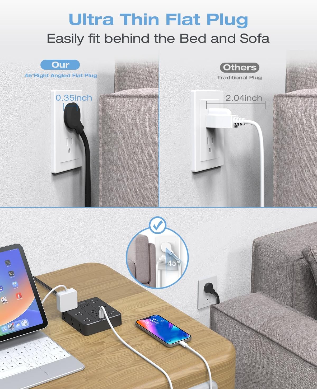 10FT Surge Protector Power Strip,12 AC Outlets with 6 USB Ports (2 USB-C), Flat Plug Extension Cord with Multiple Outlets, Wall Mount for Home Office,Dorm,Black