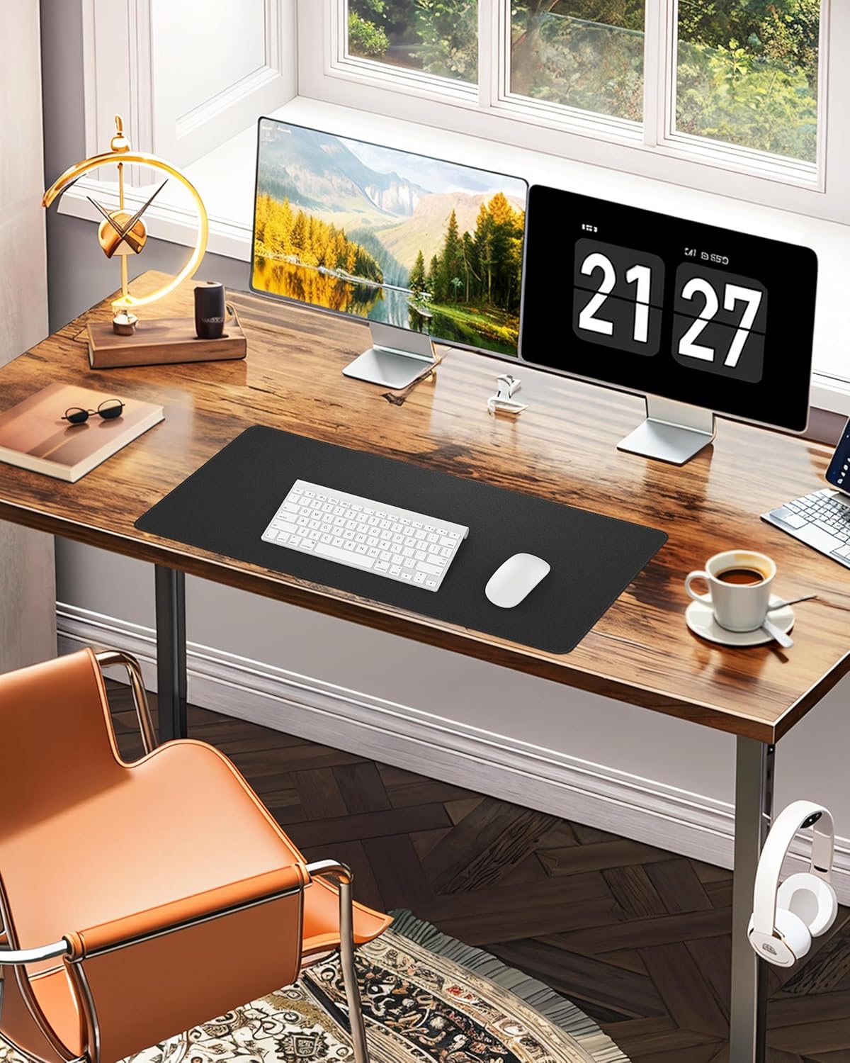 Desk Pad Mat 23.6"x13.7" - Waterproof Mouse Pad & Desk Protector, Non-Slip PU Leather for Gaming Keyboard/Mouse, Stitched Edge XL Office Desk Pad with Ergonomic Support(Black)