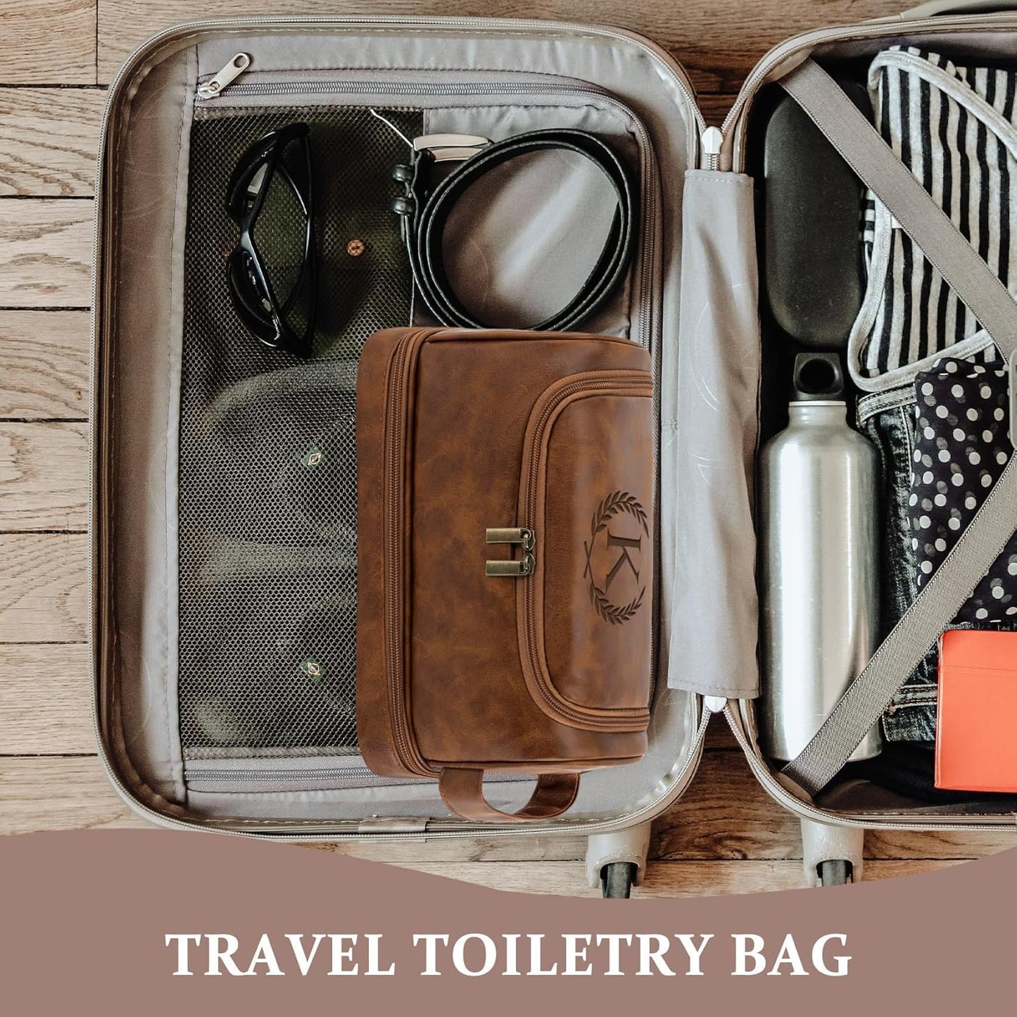 Personalized Christmas Birthday Gifts Toiletry Bag for Men Dad Husband, Custom Initial PU Leather Waterproof Toiletry Organizer Dopp Kit Shaving Bag Travel Essential for Men, Light Brown J