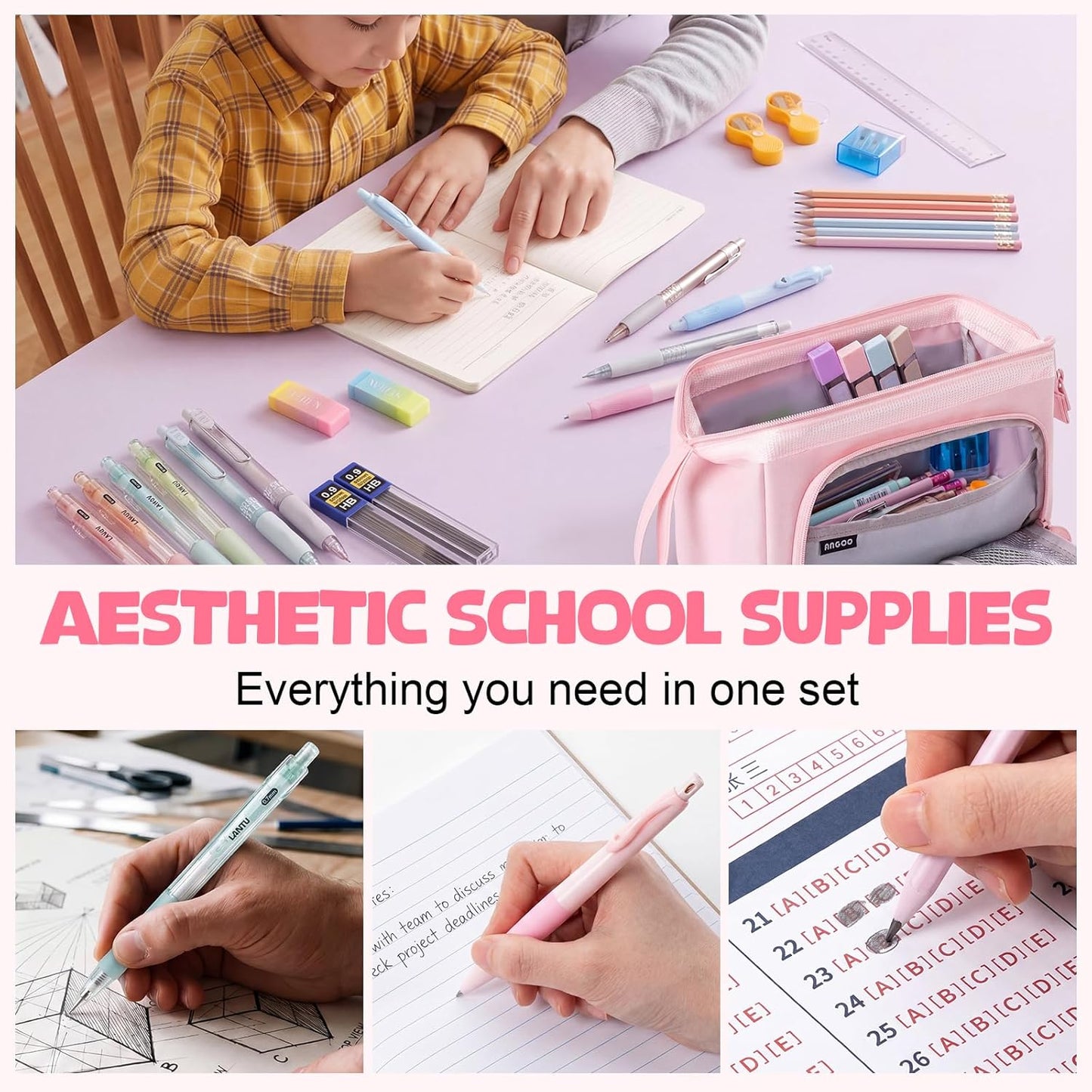 Eersida 47 Pcs Aesthetic School Supplies with Cute Pen Case, Mechanical Pencils 0.5mm, 0.7mm, 0.9mm & 2.0mm with Leads and Eraser Refills, Wood Pencils #2, for Writing, Drawing & Drafting (Pink)