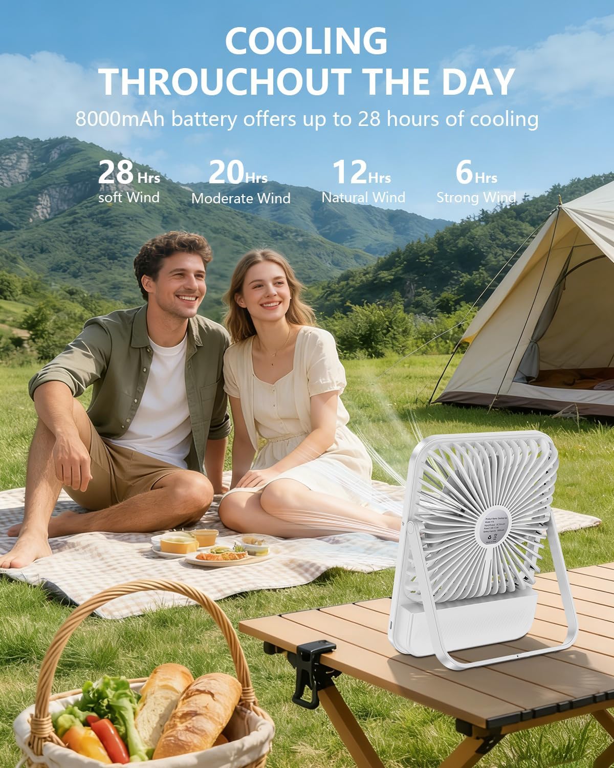 7-Inch Portable Travel Fan, Cruise Ship Approved, 28H 8000mAh Ultra-Thin Quiet Rechargeable Battery Operated Desk Fan with Timer & LED Display for Bedroom, Office, Camping