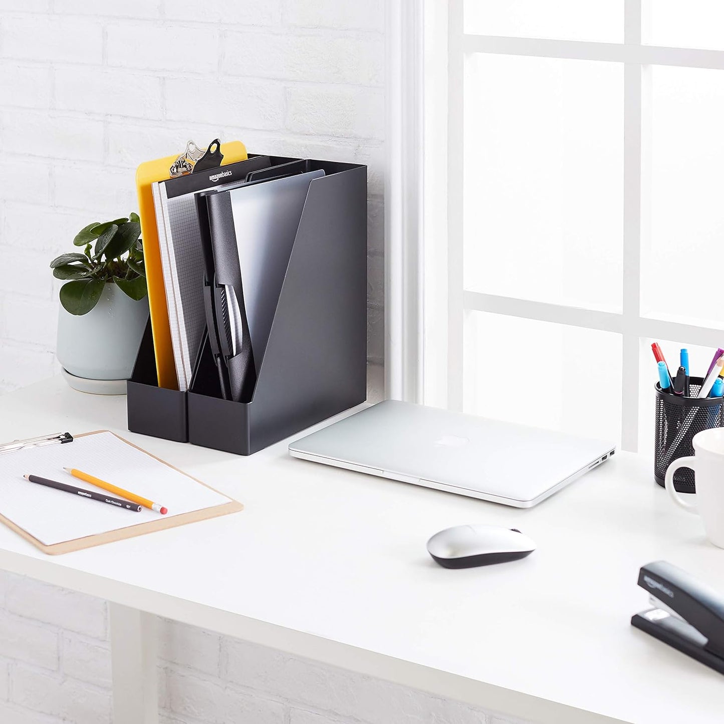 Amazon Basics Plastic Desk Organizer - Vertical Magazine and File Holder, Black, 2-Pack