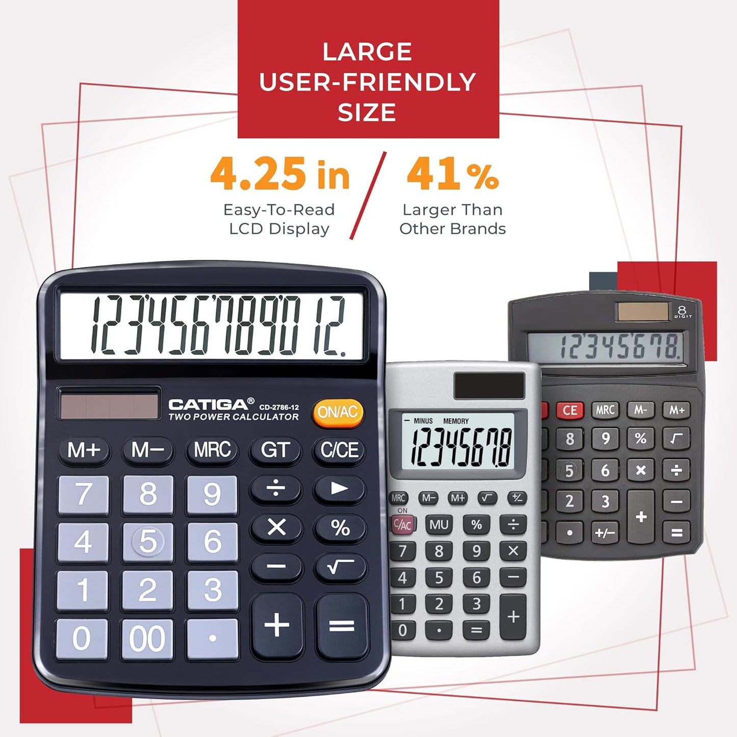 CATIGA Desktop Calculator (2 Pack) 12 Digit with Large LCD Display and Sensitive Button, Solar and Battery Dual Power, Standard Function for Office, Home, School, CD-2786 (Black/Silver)
