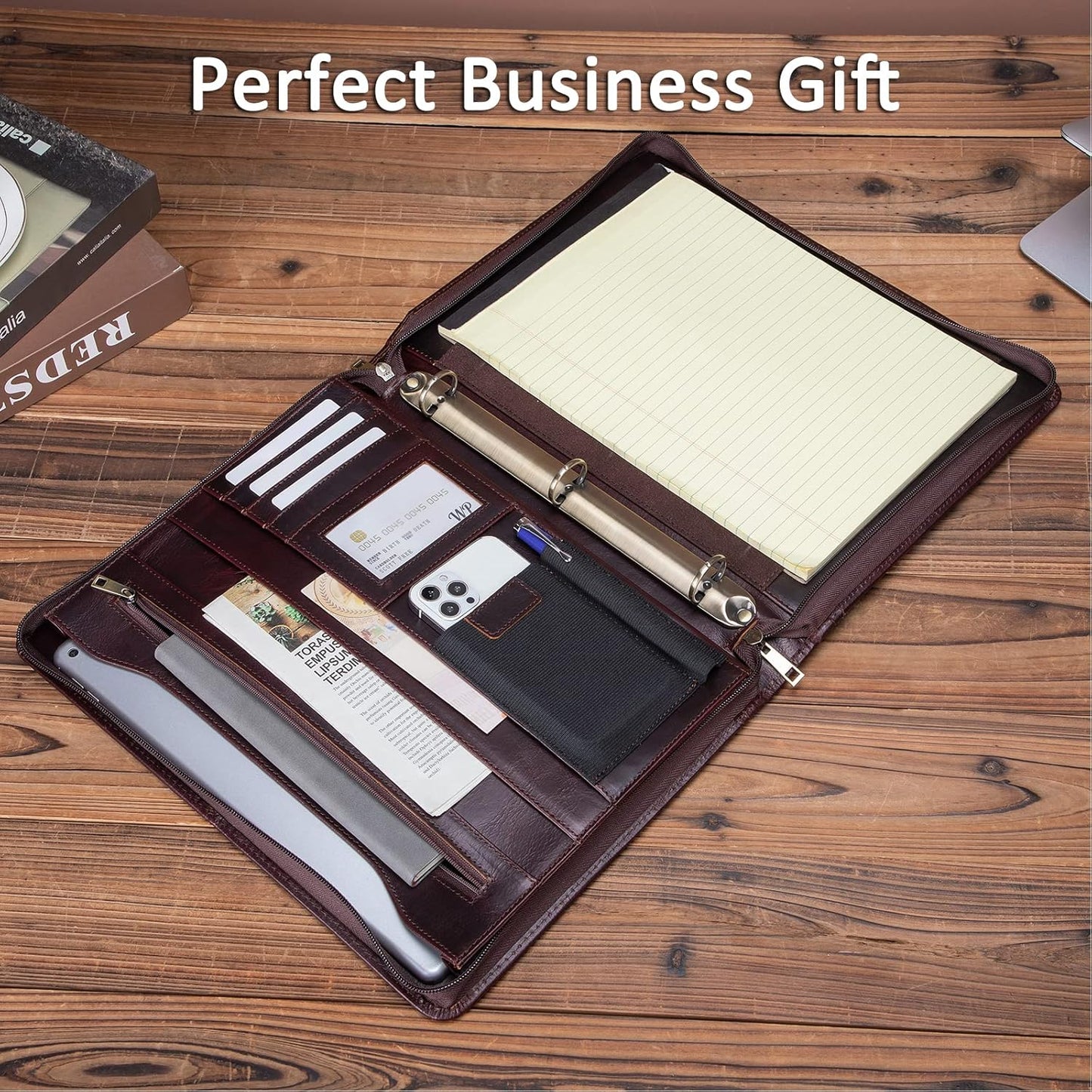 Personalized Genuine Leather Portfolio with 3 Ring Binder, Full Grain Leather Padfolio Zippered, A4 Notebook Holder Customized Professional Folder Organizer Gift for Men and Women, Oil Tanned
