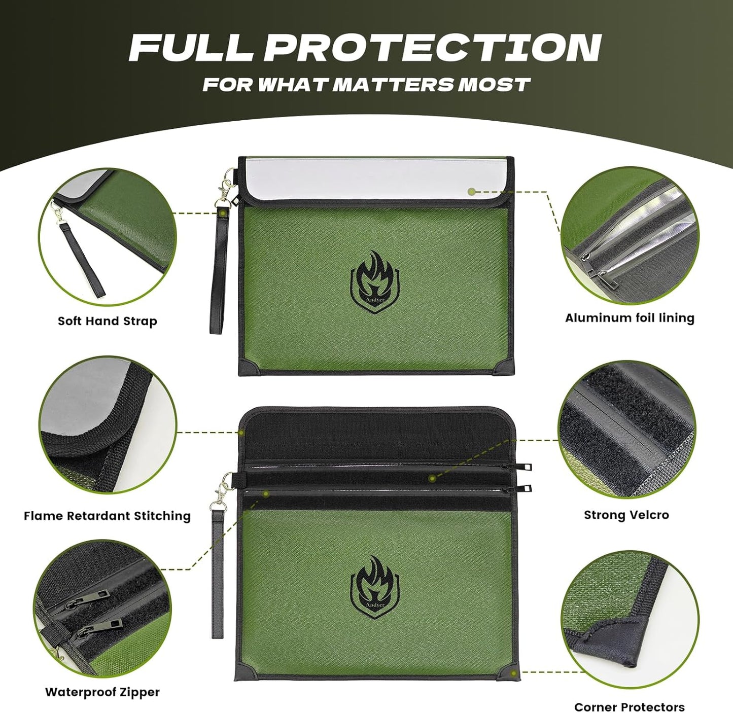 2 Pockets Fireproof Document Bag 6200°F, 10 Layers Waterproof Fireproof Money Bag for Cash with Reflective Strip, Heat Insulated Waterproof Document Holder Pouch, Fire Safe Storage, 14.7”x 11.2”