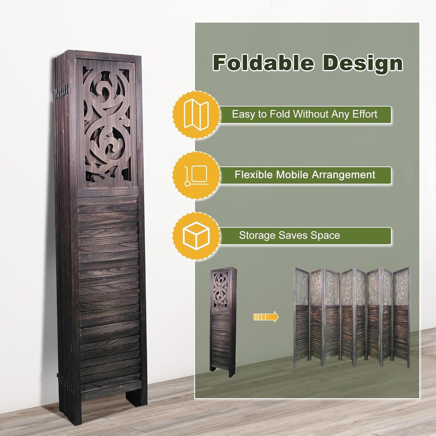 NicBex 8 Panel Room Divider,5.6FT Wood Carved Room Dividers,Folding Privacy Screens Portable Freestanding Partition Wall Dividers for Room Separation,Home Bedroom Office,Rustic Brown - Lumora Desk
