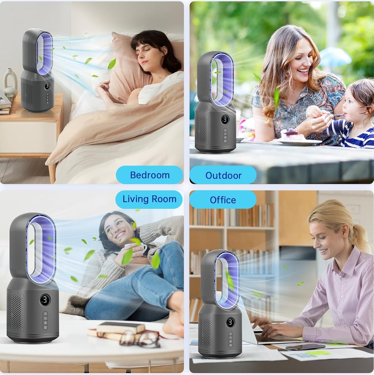 Desk Fan,13 Inch Portable Bladeless Fan, Small Quiet Office Fan with 106° Oscillating, 3 Speeds & Night light, LED Display,Button Control, Personal Battery Operated Table Fan for Bedroom, Office, Home