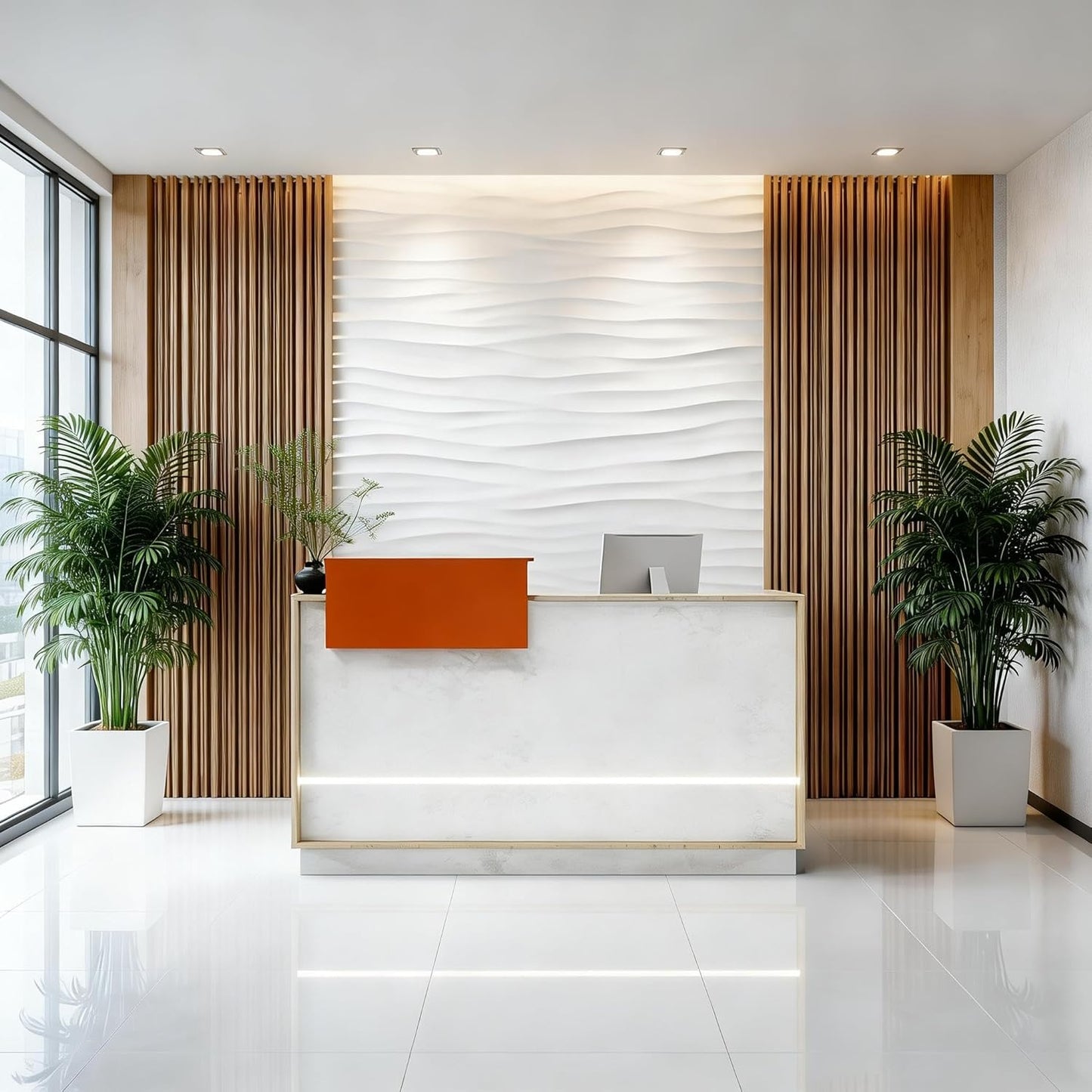 Modern Reception Desk with Counter & LED,Front Office Desk with Drawer, Keyboard Tray & Cabinet, White Stone Look & Wood for Hotel, Salon, Retail, Office Lobby (Right, 70.86 in)