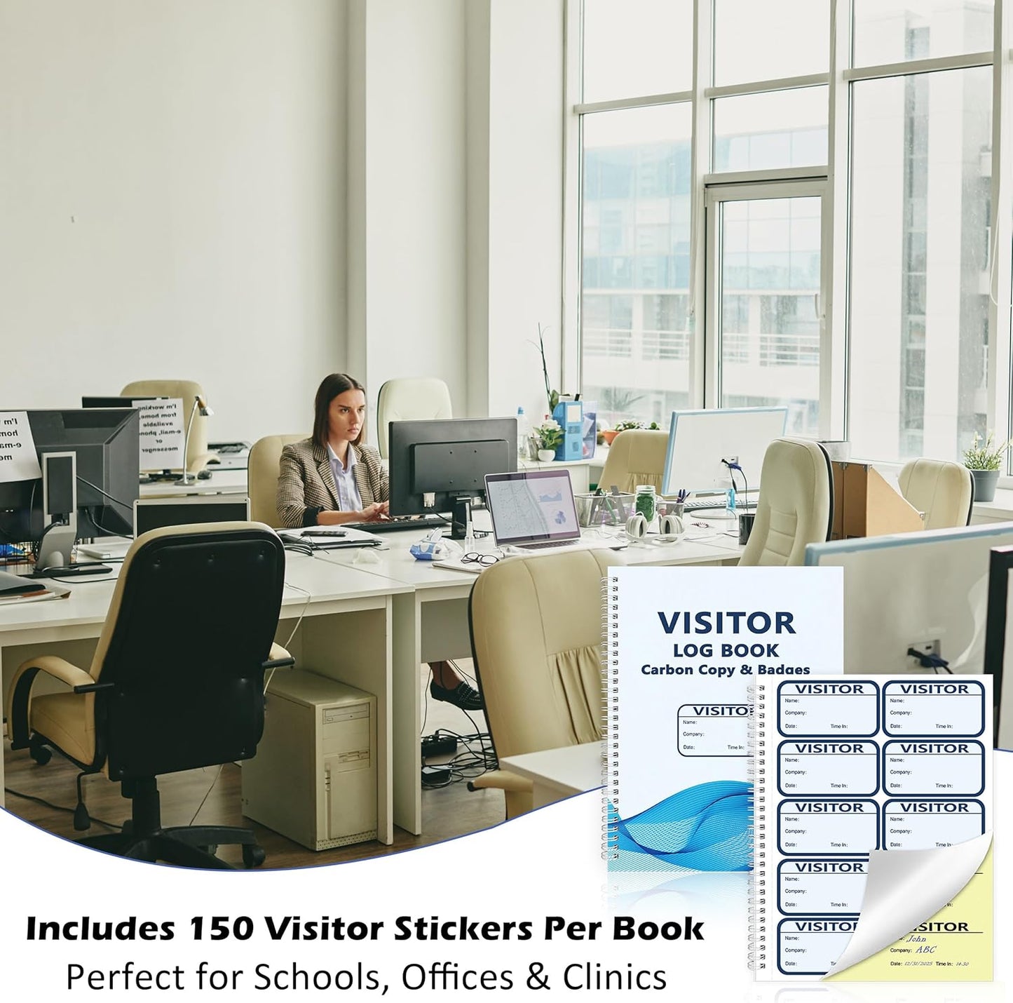 1 Pack of 150 Visitor Badges Registry Log with Carbon Copy Visitor Stickers Letter Size Visitor Log Book Extras Protecting Privacy Pages Spiral-Bound Self Visitor Badges Guest Register Book(1)