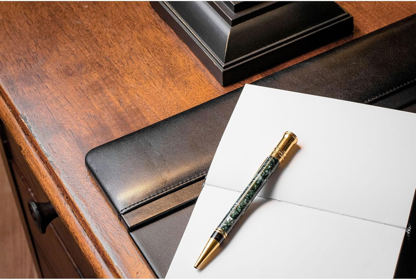 Classic Leather Desk Pad with Side Rails - Luxury Leather Desk Blotter for Writing - Padded Executive Desk Surface Protector - (Black, 34” x 20”) - Dacasso