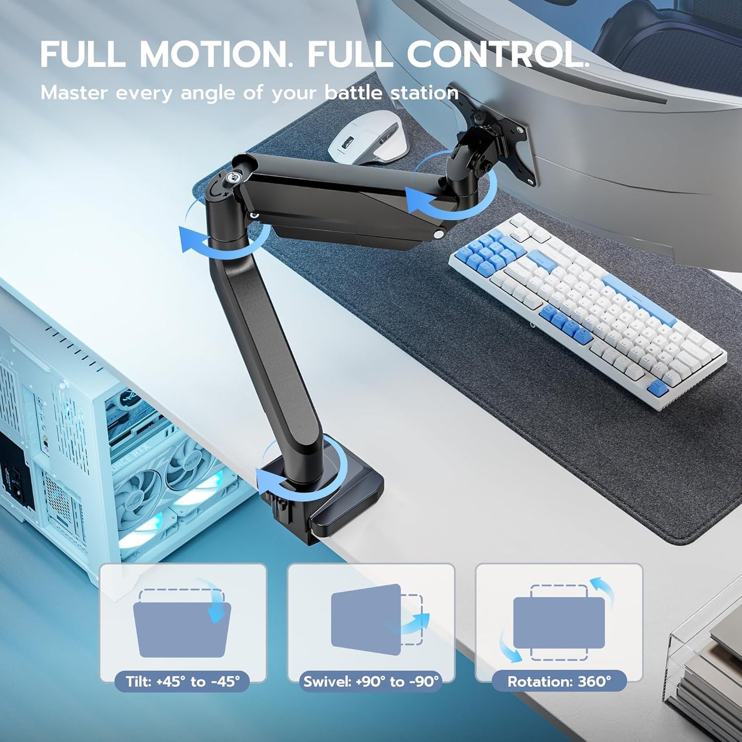 ARES WING Single Monitor Arm, Heavy Duty Adjustable Monitor Arm for 13"-45" Screens with USB, Gas Spring Desk Mount Stand with C Clamp/Grommet Mounting Base up to 40lbs Computer, Black