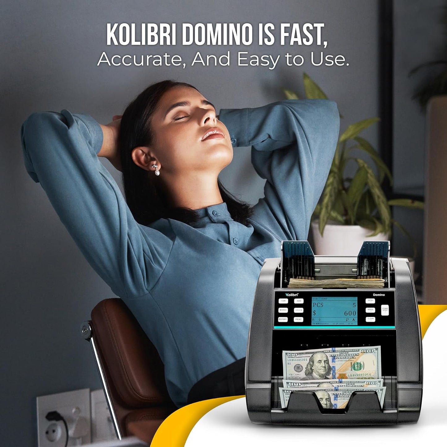 KOLIBRI Domino Money Counter Machine Mixed Denomination | Mixed Value Cash Counter Machine | 2 CIS UV/MG IR/MT SN/DV IRT Fake Detections Money Counting Machine | 3-Year Warranty (US Tech Support)