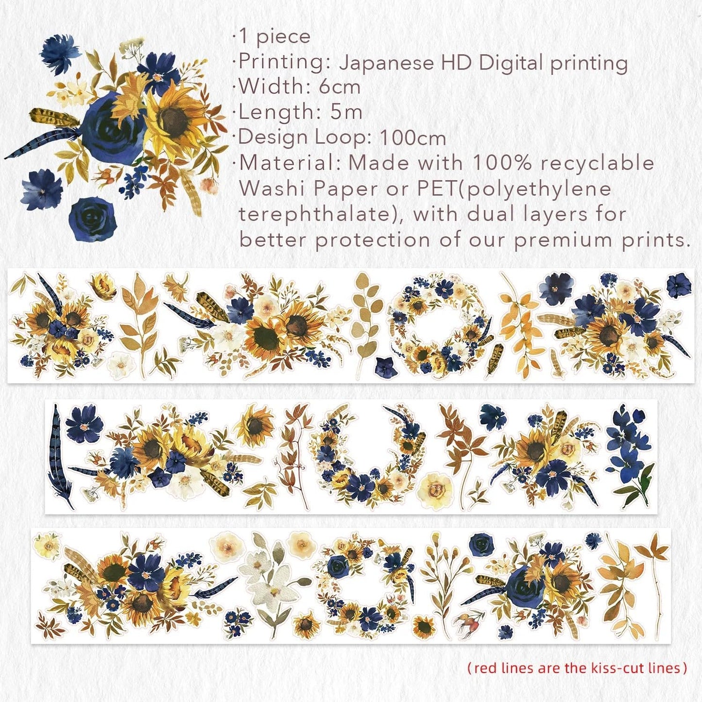 WT Pre-Cut Sunflower & Navy Wide Washi Tape, 60mm Width, Single Roll, Floral Decorative Tape for Journaling, Planners, Bujo, DIY Crafts, Original Design Paper Tape