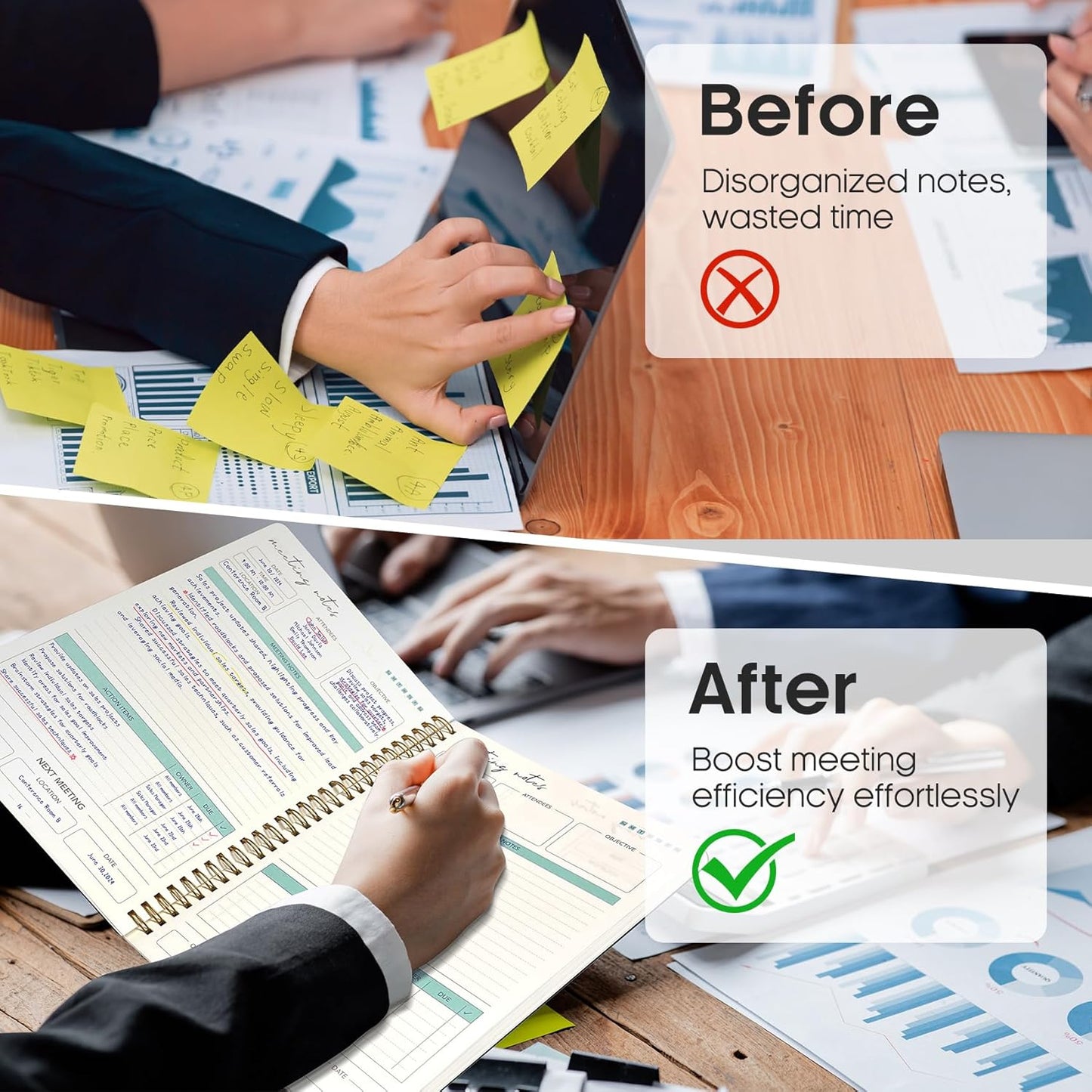 Taja 48 Pack of Meeting Notebook for Work Organization - Work notebook with action items, Meeting Minutes Planner Notebook, Perfect Office Supplies for Men & Women - Black