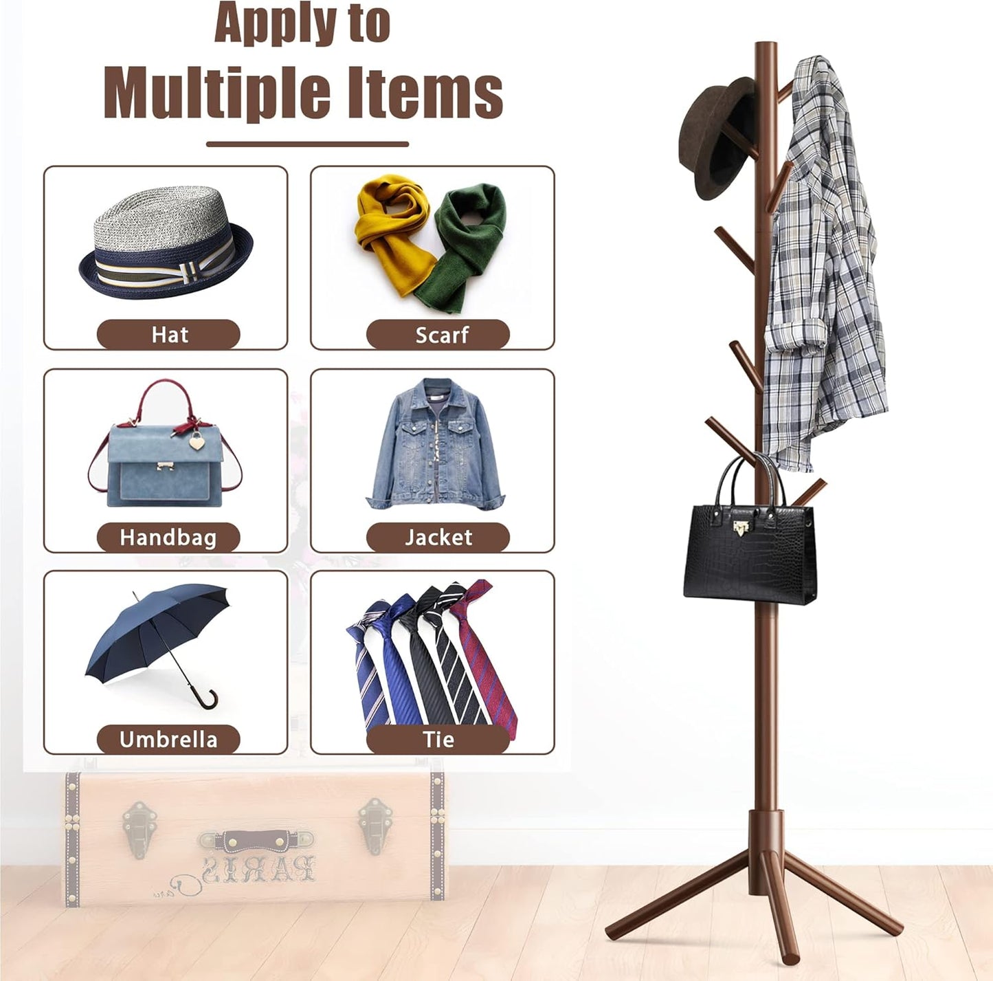Haddockway Wooden Coat Rack Stand with 8 Hooks New Zealand Pine 3 Adjustable Coat Standing Tree Easy Assembly for Coats, Hats, Scarves and Handbags for Entryway, Hallway, Bedroom, Office - Lumora Desk