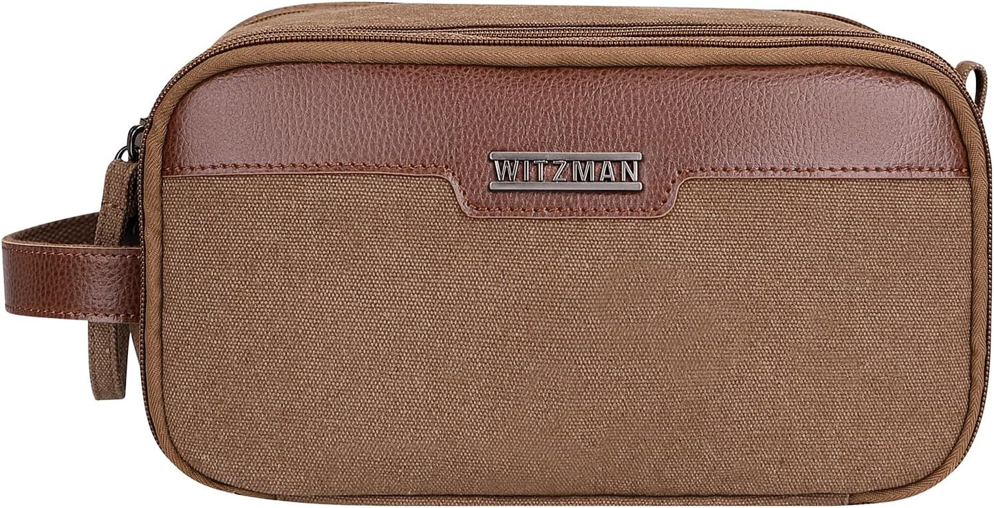 WITZMAN Canvas Toiletry Bag for Men Large Capacity Hanging Dopp kit for Men Leather Toiletries Water-resistant Bathroom Bag(A8002 Brown)