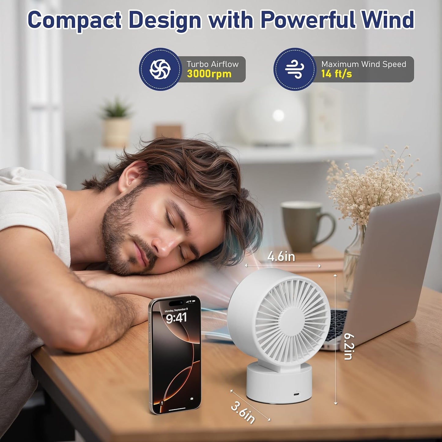 CIVPOWER Desk Fan Small Quiet: Table Fan Rechargeable with 1200mAh Battery & USB Powered, Portable for Office Desktop, Digital Display, 30° Tilt Adjustable, 100 Speeds, Gift for Women Men, White