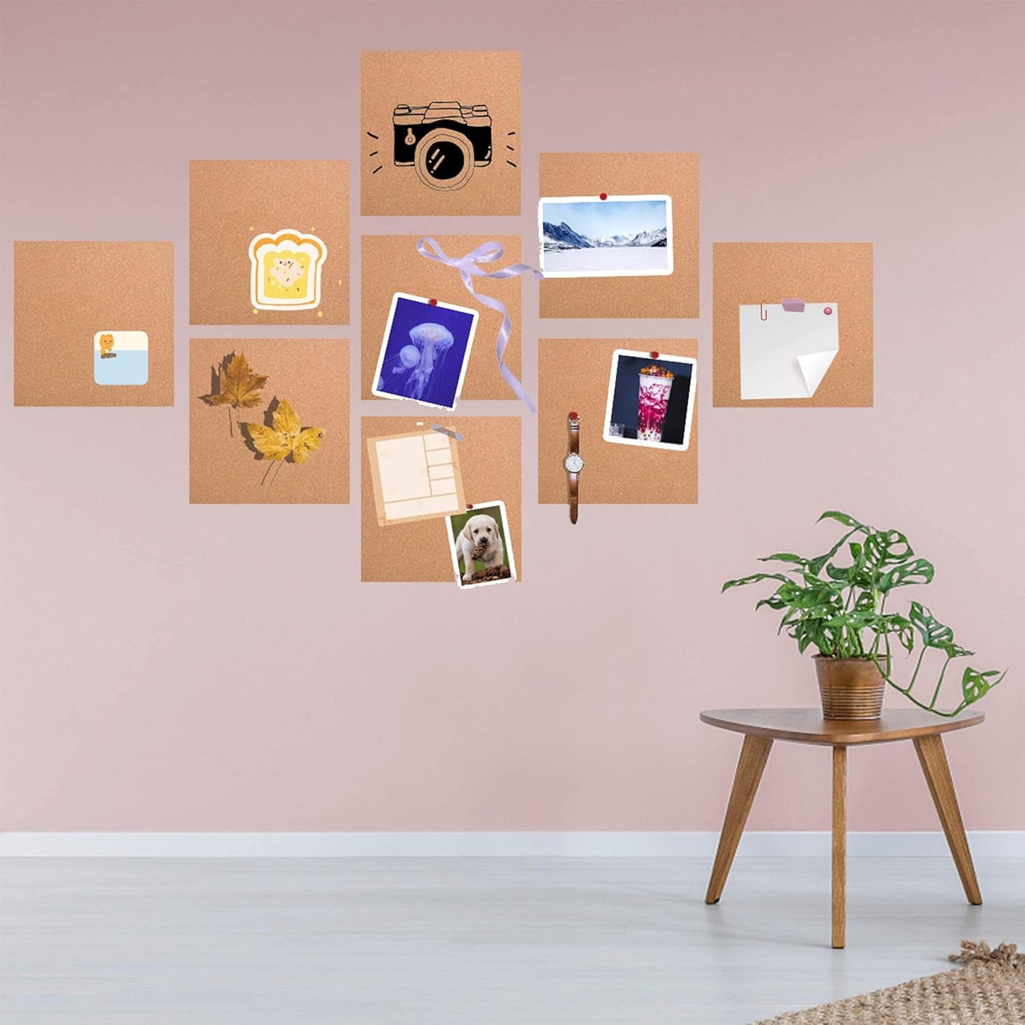 SUNGIFT Cork Board 12"x12" - 1/2" Thick Square Bulletin Boards 9 Pack Cork Tiles with 100 PCS Push Pins Mini Wall Self-Adhesive Corkboards Tiles for Wall