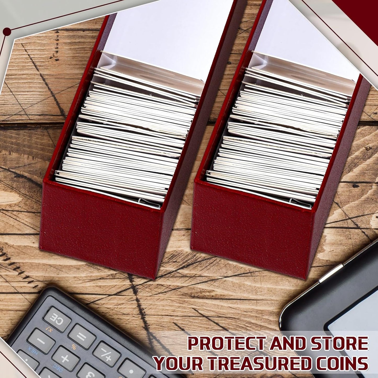 Teling 8 Pcs Coin Storage Box 2x2inch Flip Holders Collectors Coin Supplies Holders for Cents Collection Cardboard (Dark Red)