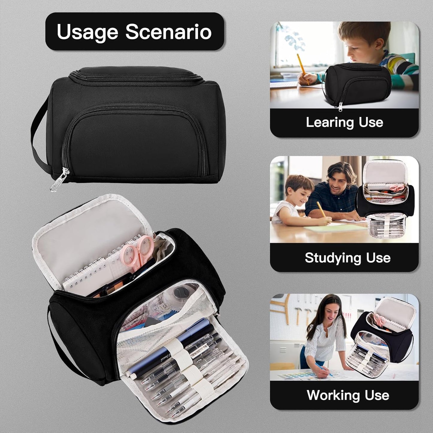 Large Pencil Pouch,Pencil Case Aesthetic,Zipper Pencil Box For Girls Back To School Supplies Emergency Bag Makeup Bag (Black)