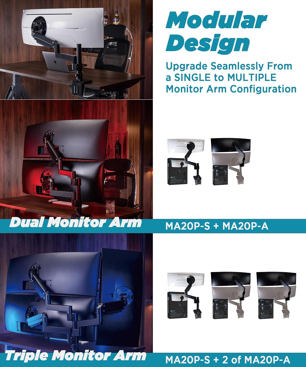 Heavy Duty Monitor Arm for Ultrawide Monitors up to 57" and 44 lbs, Single Desk Stand, Pneumatic Height Adjustable, Modular Extension Arms - Max VESA 100x100, Black, MA20P-S