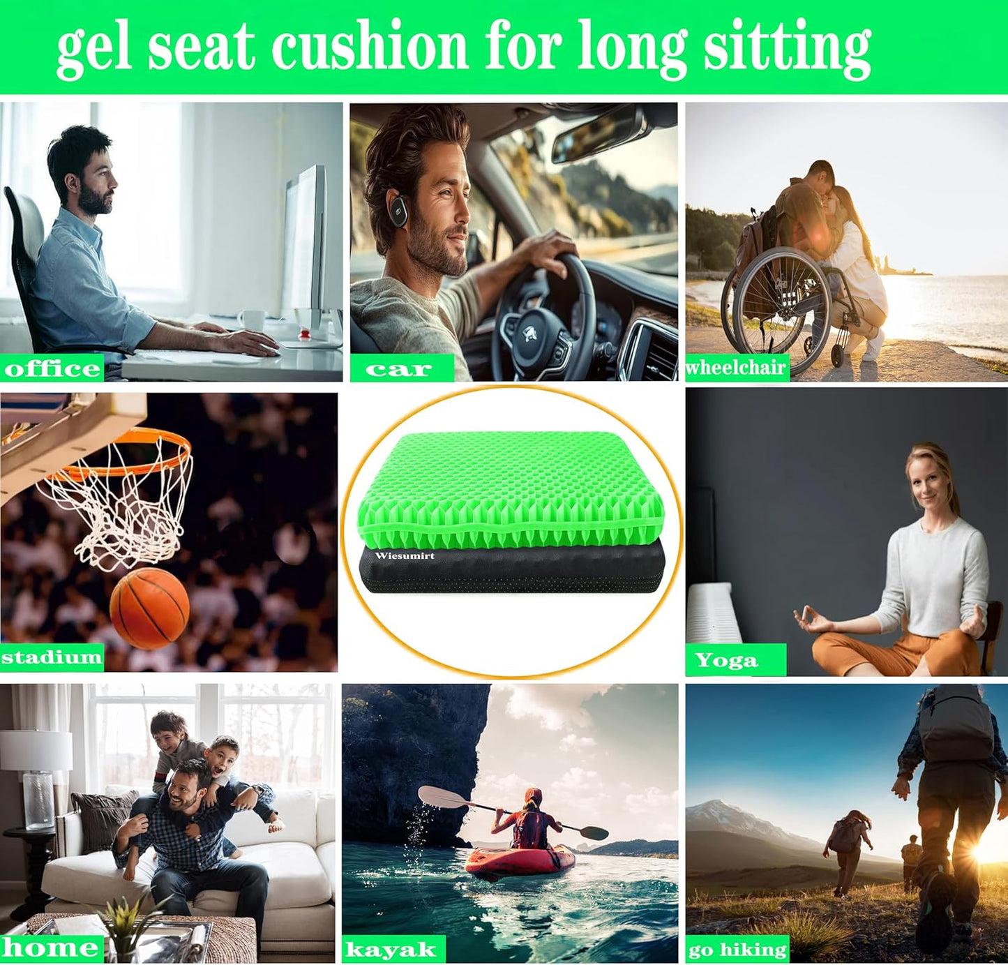 Plus Size Gel Seat Cushion for Long Sitting, Extra Large and Thick, Seat Cushion for Back, Hip, Sciatica, Tailbone Pain Relief, Used for Office, Wheelchair, Car, Recliner, Stadium, Kayka.(Grass Green)