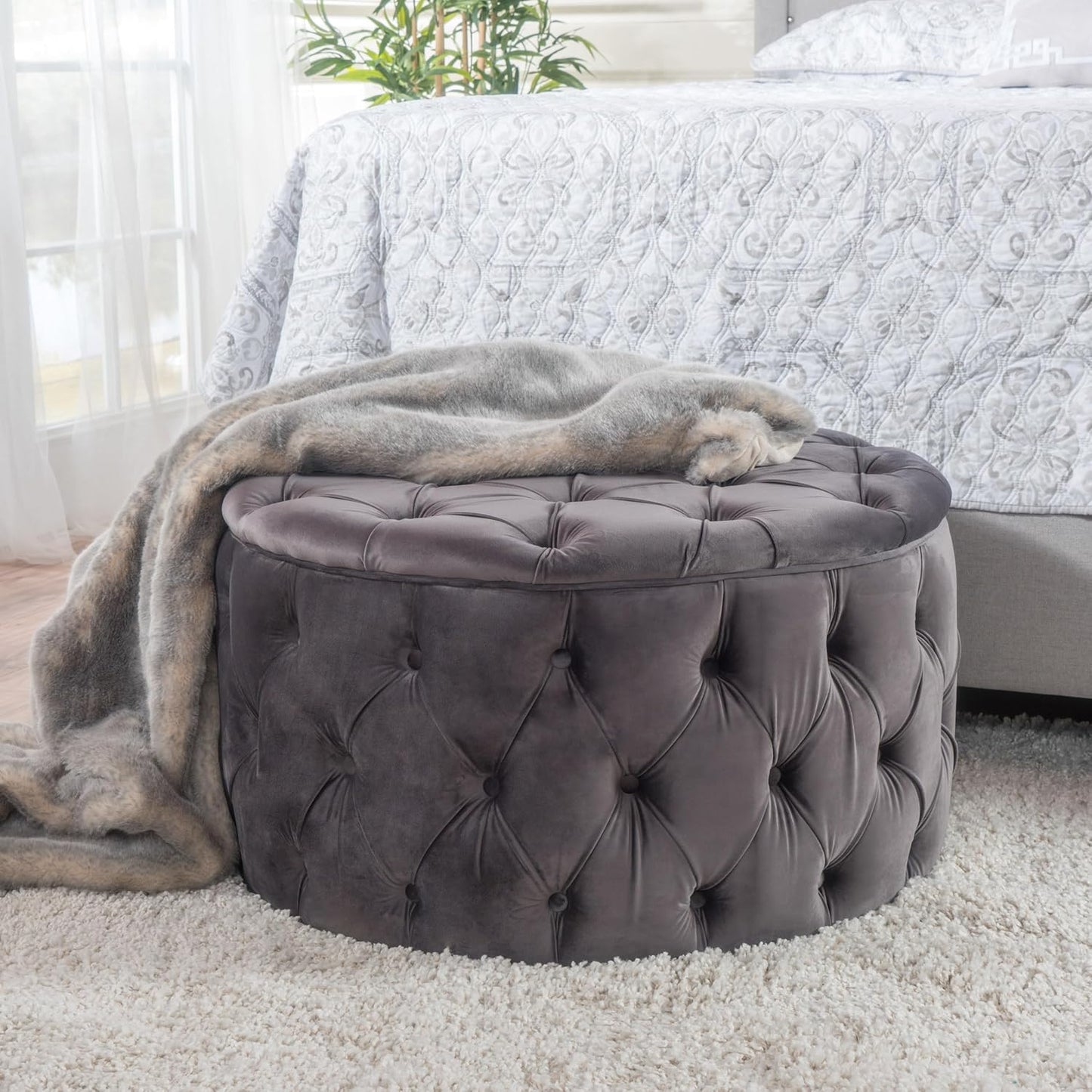 29.5'' Velvet Ottoman Large Round Ottoman Coffee Table Button Tufted Upholstered Foot Stool Oversized Footrest for Living Room Bedroom (Grey)