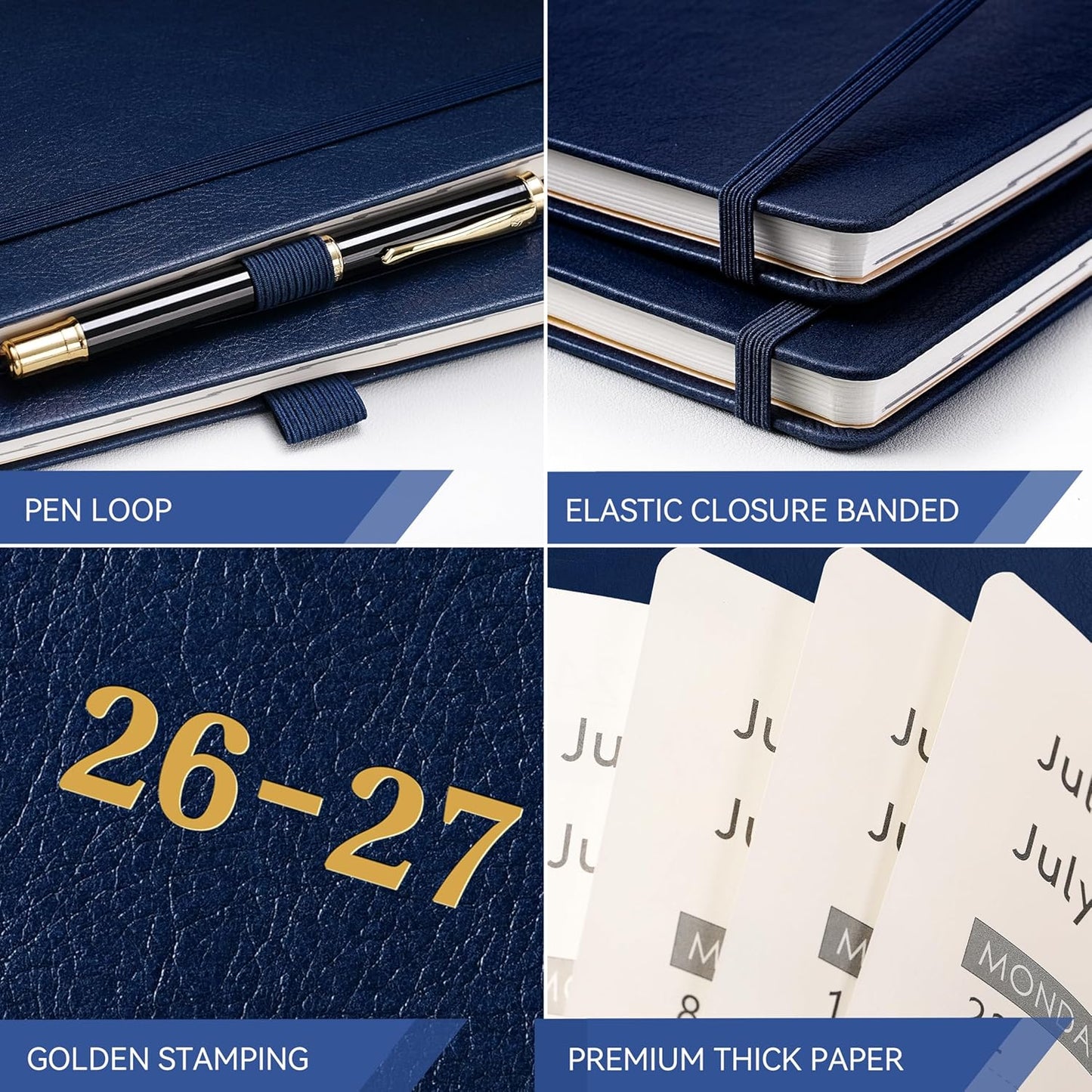 2026-2027 Planner - Planner 2026-2027, 8.5"x11", July 2026 - June 2027, Leather Calendar Weekly and Monthly Planner 26-27, Leather Hardcover, Pen Loop, Elastic Closure, Pocket - Navy