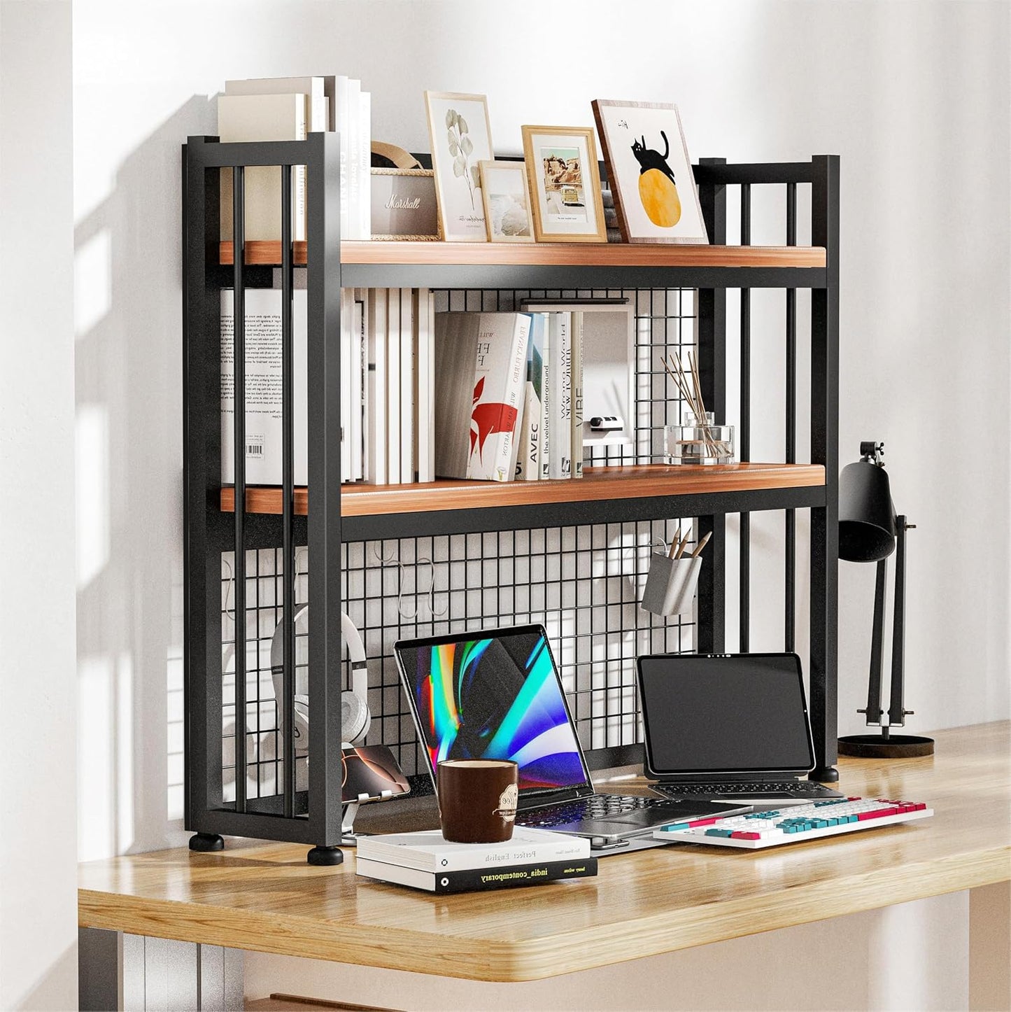 HUATOL 2-Tier Desktop Hutch Bookshelf Metal Desk Shelf, Storage Display Shelf for Computer Desk, Multifunctional Freestanding Storage Rack Display Shelf for Office, Home Decor (37.4 * 35.9 * 9.44 in)