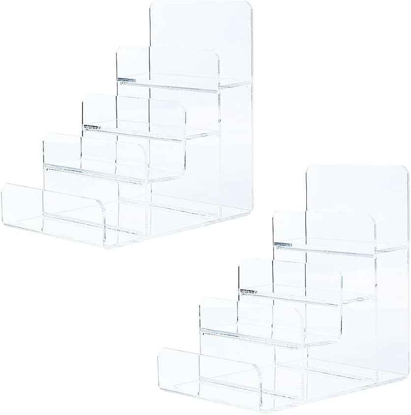 Acrylic Wallet Display Stand Purse Handbag Organizer, Clear Jewelry Riser Display Stand Purse Display Rack, Acrylic Display Shelf for Cosmetic Perfume Jewelry Sunglasses Handbag (2 PCS-4 Tier)