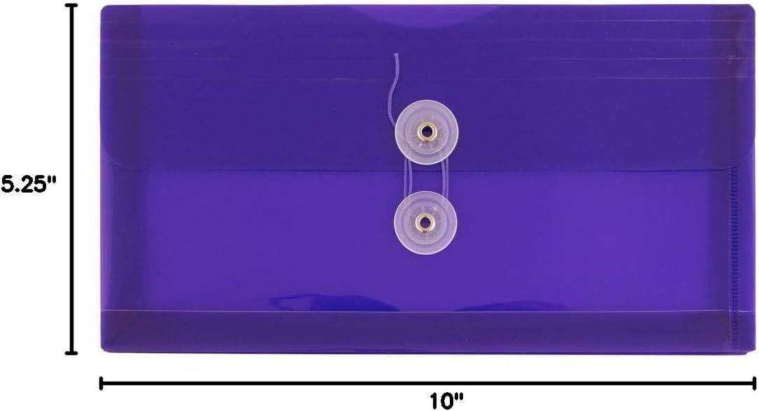 JAM PAPER Plastic Envelopes with Button & String Tie Closure - #10 Business Booklet - 5 1/4 x 10 - Purple - 12/Pack
