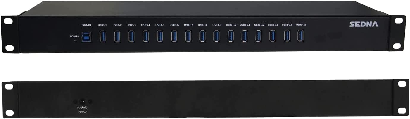 SEDNA - 15 Port USB 3.1 Gen I Hub ( 5Gbps ) - 19 Inch 1U Rack Mount ( 5V10A AC/DC Adapter ), Black