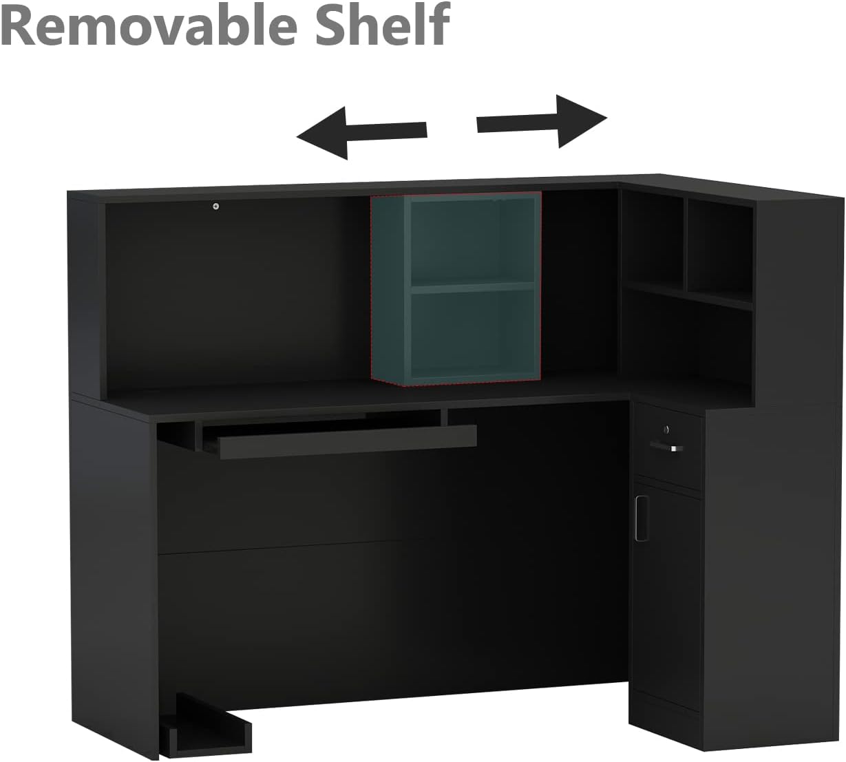 Modern Reception Desk Counter Table, L-Shap Reception Room Front Desk with Lockable Drawer & Open Shelves, Retail Counter for Salon Checkout Office, Black (55.9" W x 32.3" D x 48.4" H)