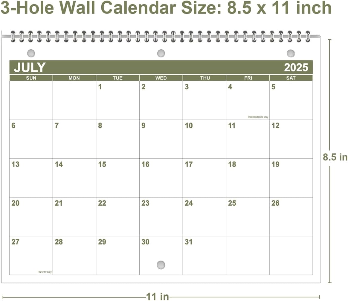 Calendar 2025-2026 for 3 Ring Binder - Calendar 2025-2026 from July 2025 - December 2026, 18 Months Calendar with Premium Paper, 3-Hole Wall Calendar, 8.5" x 11", Green