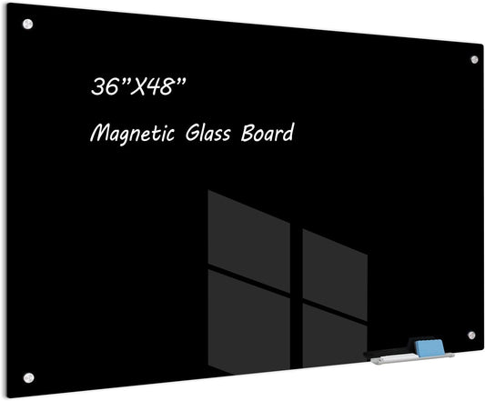 Magnetic Glass Whiteboard 48" x 36" Dry Erase Board Frameless Premium Tempered Galssboards Wall Mounted Glossy writeboard with Eraser, Marker Tray for Interactive Office, (Black) - Lumora Desk