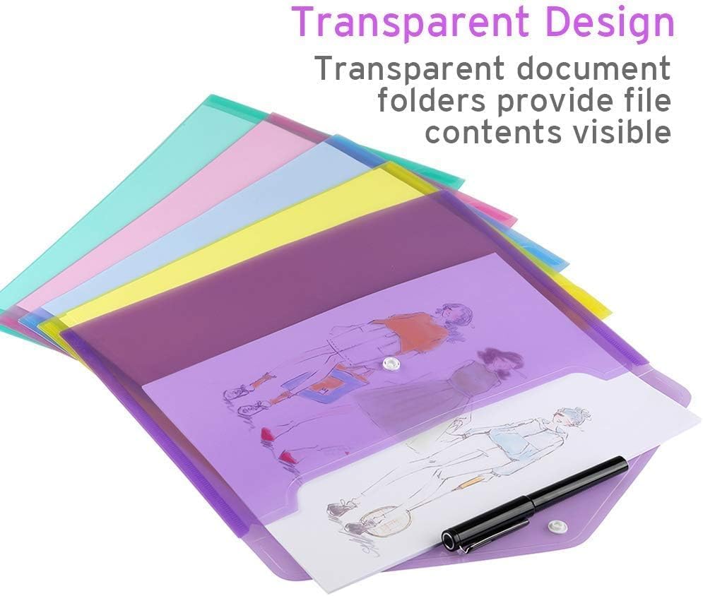 Sooez 48 Pack Folders Plastic Envelopes, Clear Plastic File Folder for Document, Letter A4 Size Poly File Envelopes with Label Pocket, Snap Button for Home Work Office Organizer, 8 Assorted Colors