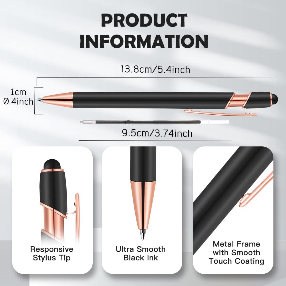 12 PCS 2 in 1 Stylus Ballpoint Pen with Stylus Tip, 1.0 mm Black Ink Metal Pen Stylus Pen for Touch Screens (Rose Gold & Blue)