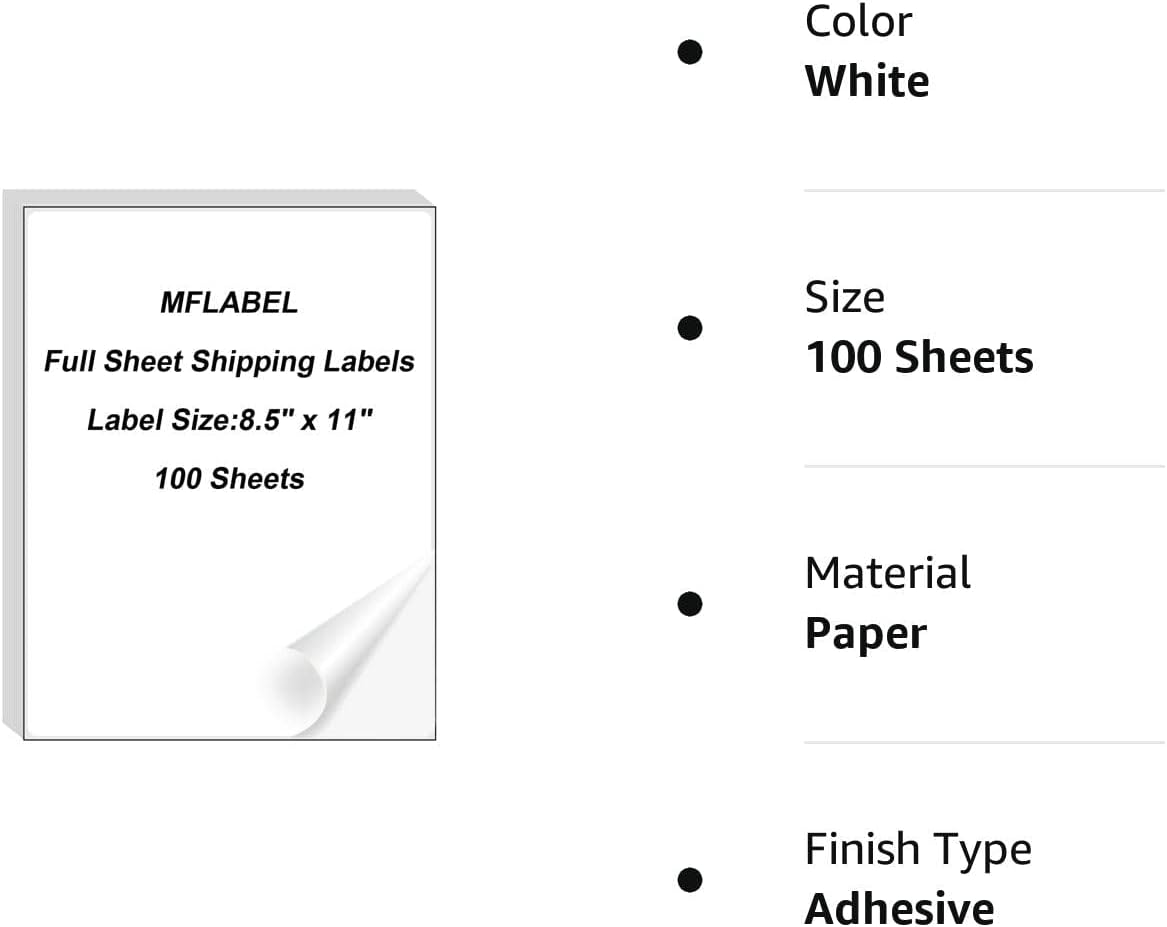 MFLABEL Full Sheet Sticker Label, Address Sticker, White Matte Label Paper, 8-1/2" x 11" Shipping Labels for Laser & Inkjet Printer (600 Labels, 600 Sheets)