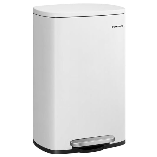 SONGMICS 13 Gallon (50 L) Trash Can, Stainless Steel Kitchen Garbage Can, Recycling or Waste Bin, Soft Close, Step-On Pedal, Removable Inner Bucket, White ULTB050W01
