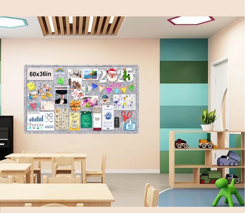 Large Bulletin Board, Foldable 60x36 Inches Cork Board Alternative, Large Felt Board Decorative Pin Board for Wall, Foldable Photo Board Self-Adhesive Vision Board with 36 Pushpins Light Gray