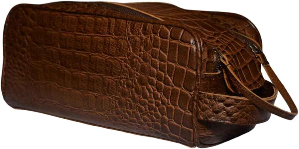 Premium Buffalo Leather Unisex Toiletry Bag Travel Kit (King Size) Shaving kit Accessories :Shaving Brush Case, Razor Protective Travel Case (Combo of 4 Items) (Crocodile Print)