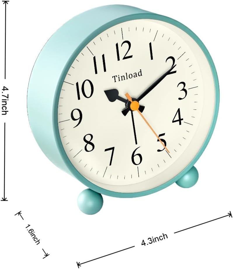 Tinload 4.5" Vintage Retro Analog Alarm Clock, Super Silent Non Ticking Small Clock with Manual Light, Snooze, Battery Operated, for Living Room, Bedroom, Bedside, Desk(Green)