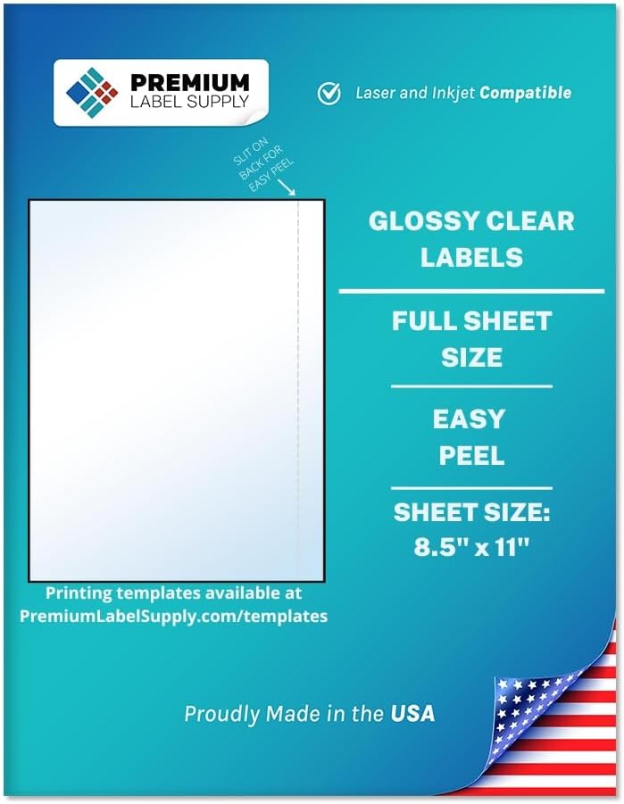 Premium Label Supply Full Sheet Glossy Clear Labels – 8.5" x 11" – Laser/Inkjet Compatible – 10 Sheets - Letter Size