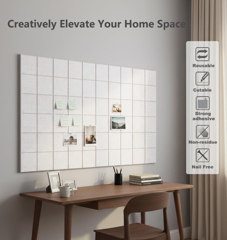 Large Felt Wall Tiles Bulletin Board 59”x36”,Large Cork Board Alternative with 60 Pushpins, 15-Pack Felt Pin Board with 112 Safe Removable Adhesive Tabs for Home Office School (Oatmeal)